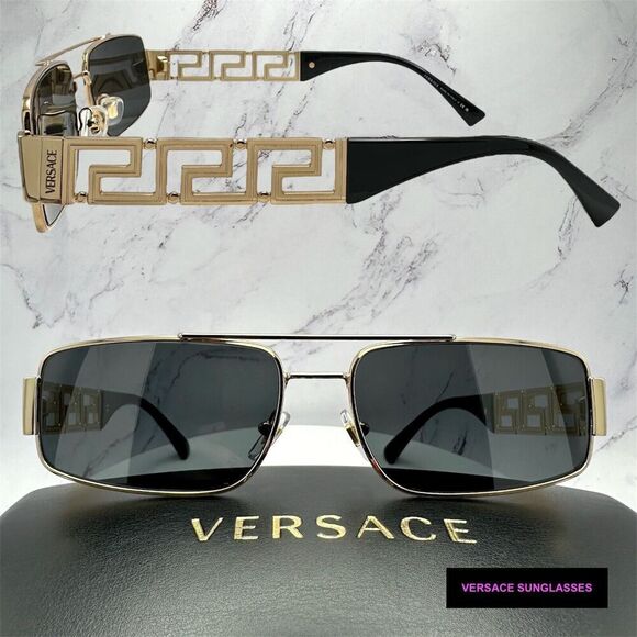 Versace Sunglasses Gold Rectangle Metal Logo Black Retro Italy 100% Authentic - Picture 15 of 16